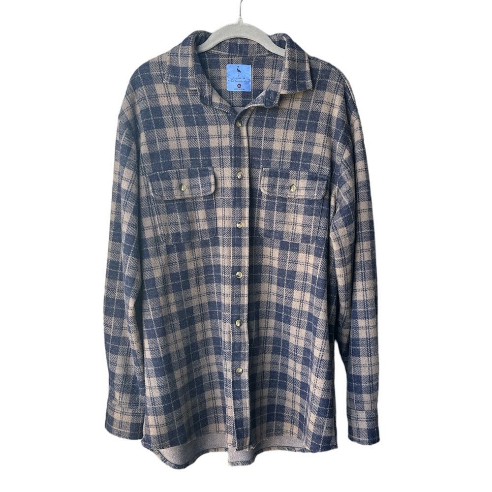 Tailorbyrd Navy Tan Flannel Button Down Shirt Long Sleeve Size XL